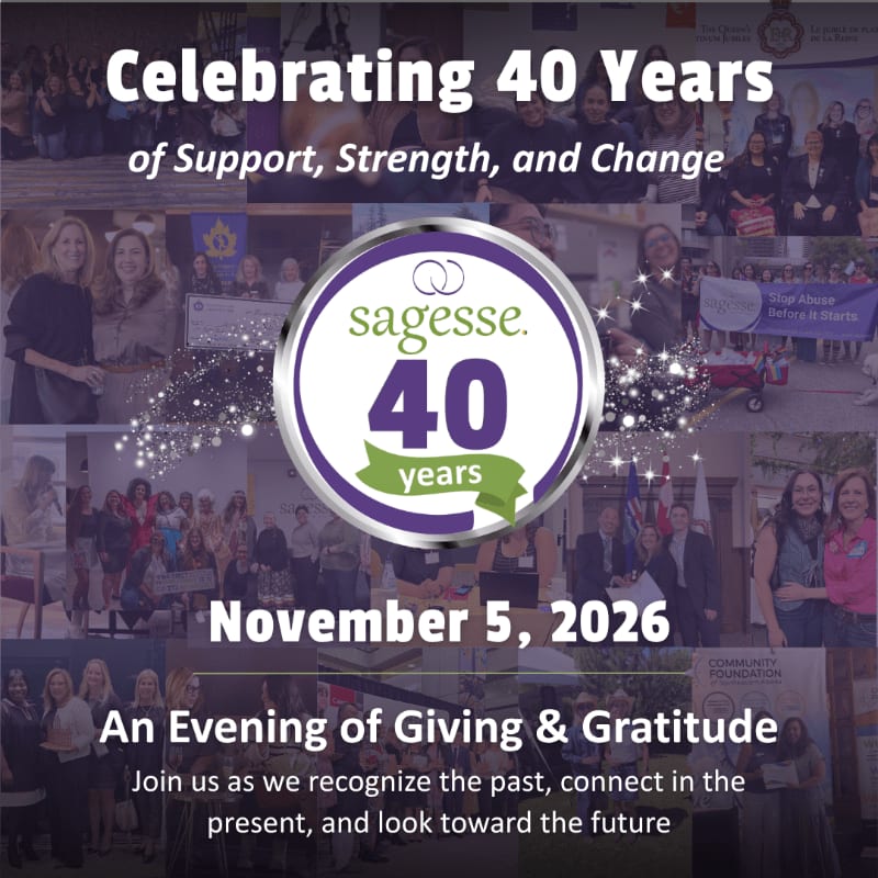 A collage of photos celebrating 40 years of "sagesse" is overlaid with text announcing an "Evening of Giving & Gratitude" on November 5, 2026.