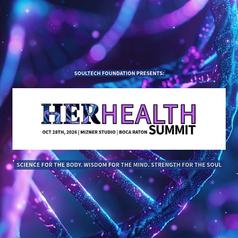 A vibrant purple DNA helix forms the background for the "Her Health Summit" event details, which are presented in a white rectangular box in the foreground.
