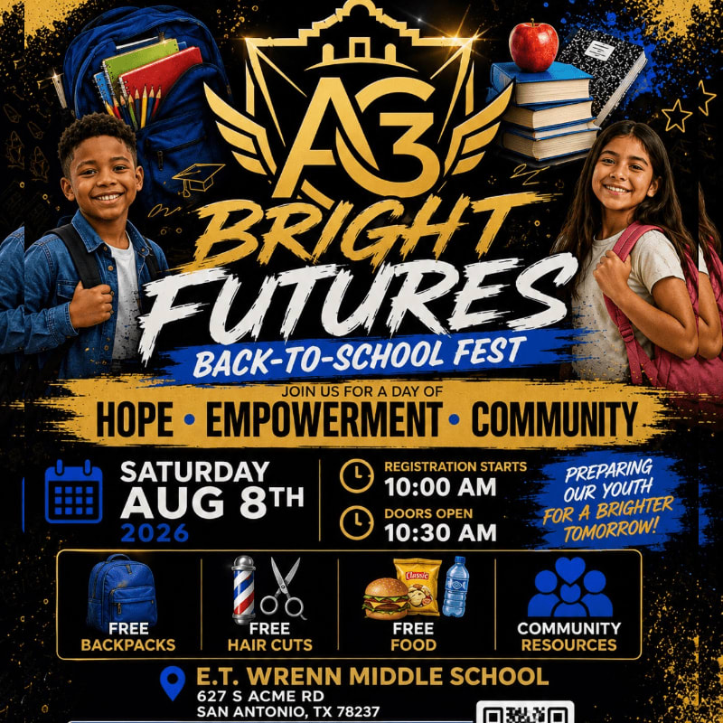 Smiling children with backpacks in the foreground are featured in a vibrant "Bright Futures Back-to-School Fest" advertisement with event details in the background.