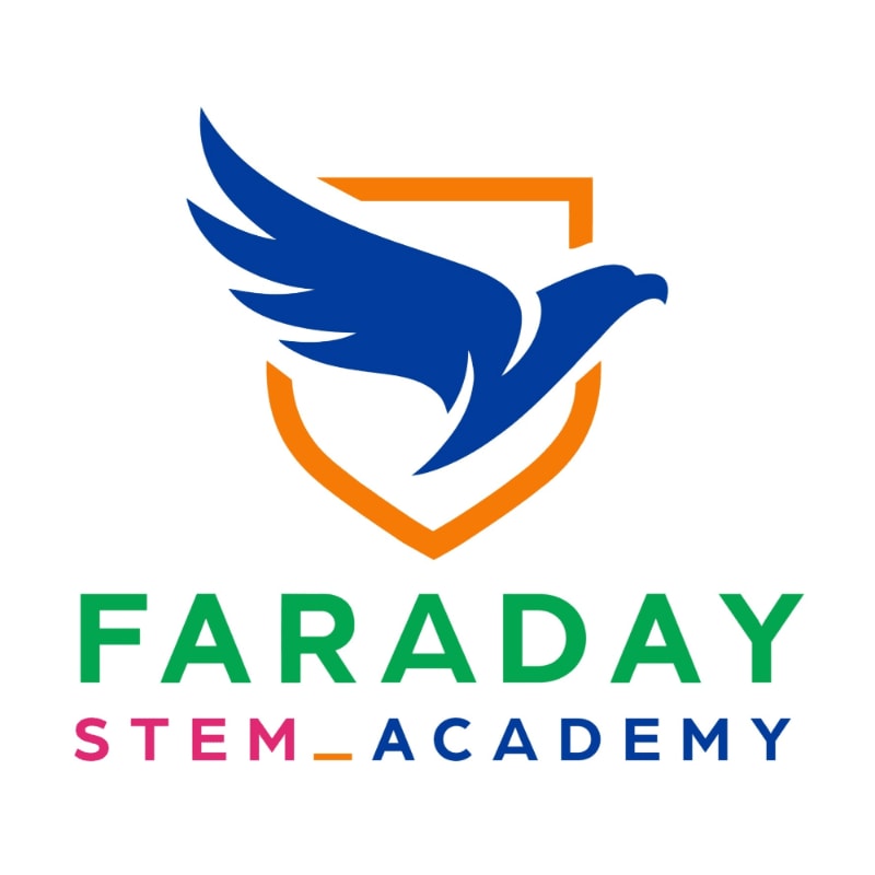 A blue eagle with outstretched wings soars over an orange shield, with "FARADAY STEM_ACADEMY" written in green and pink text below on a white background.