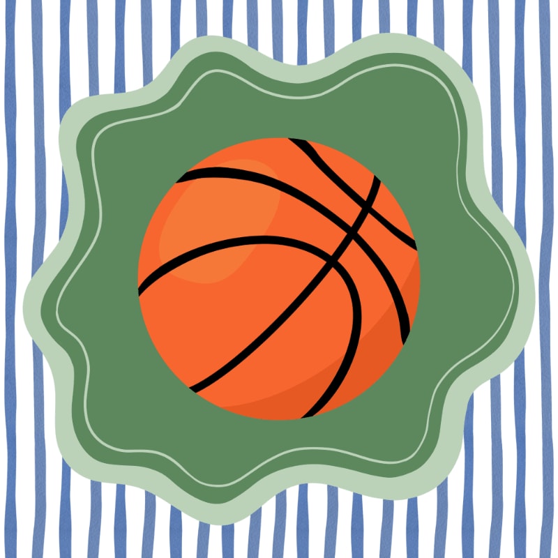 An orange basketball is centered within a green, wavy frame against a background of blue and white vertical stripes.