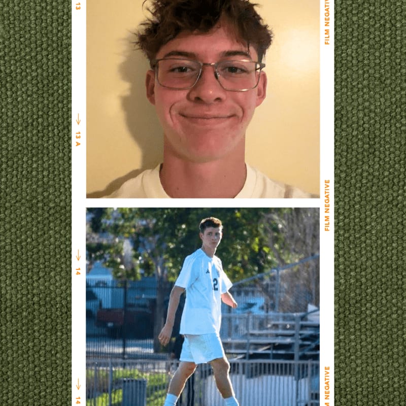 A young man with glasses smiles in the top frame against a plain wall, while the bottom frame shows him playing soccer on a field with bleachers in the background.