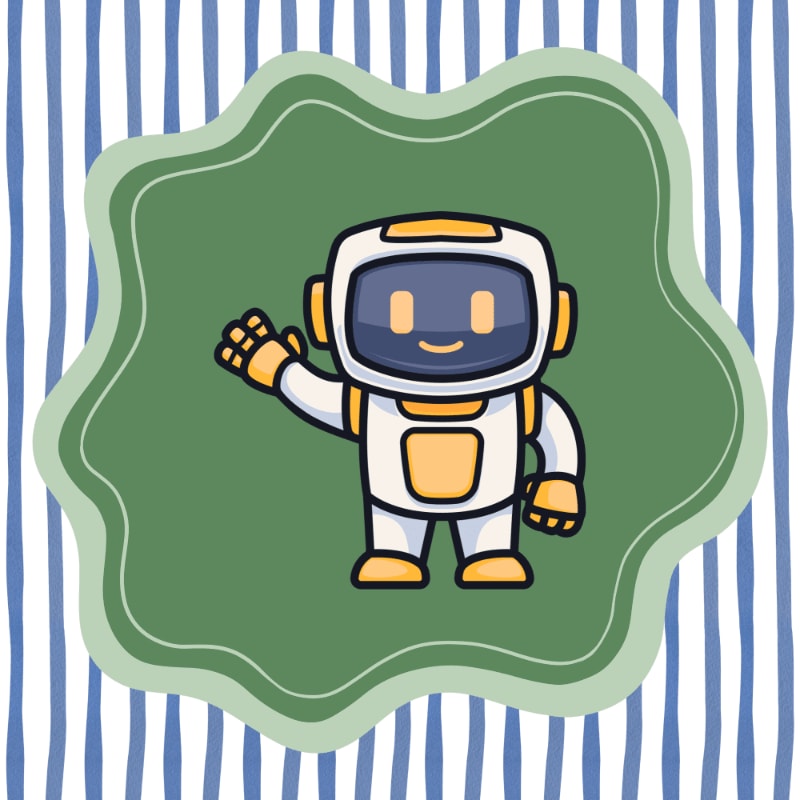 A friendly cartoon robot waves from within a green, wavy frame against a background of blue and white stripes.