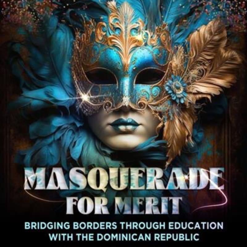 A vibrant turquoise and gold masquerade mask with feathers adorns the foreground, set against a dark, glittering background with text announcing "MASQUERADE FOR MERIT."