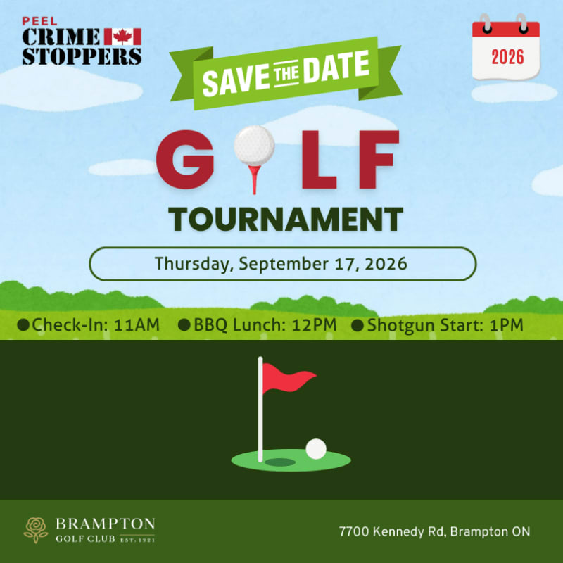 A golf tournament announcement for Peel Crime Stoppers is set against a green golf course background with a flag and ball in the foreground.