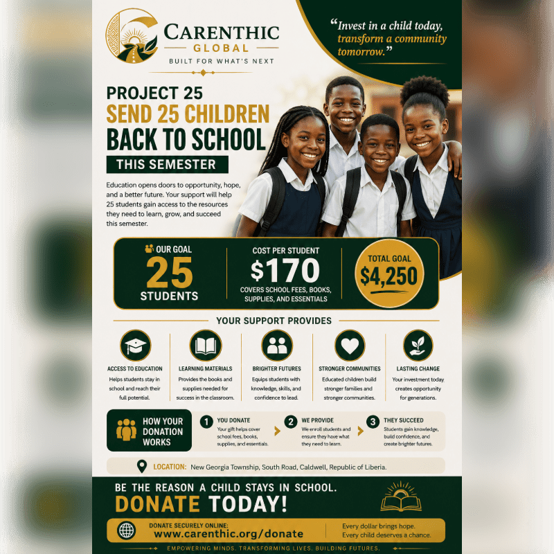 Four smiling children in school uniforms are in the foreground, with a poster detailing a donation drive for "Project 25" in the background.