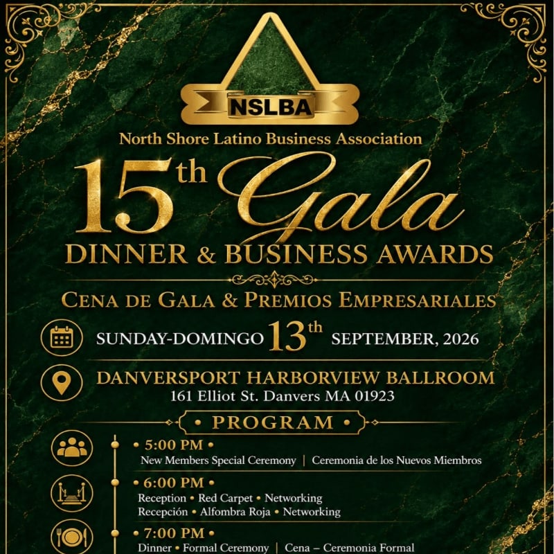 A dark green marble background frames the text announcing the North Shore Latino Business Association's 15th Gala Dinner & Business Awards, with event details listed below.