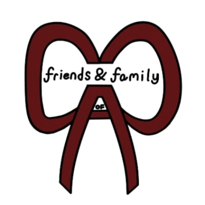 A maroon bow with the words "friends & family" written inside it is set against a plain white background.