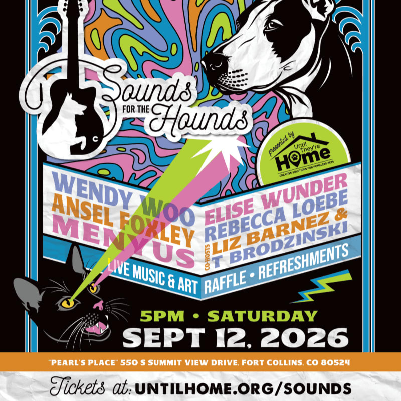 A black cat with laser eyes and a dog's head are in the foreground against a psychedelic background advertising "Sounds for the Hounds" with event details.