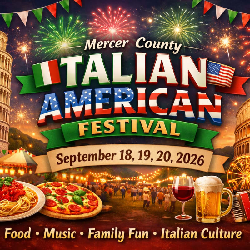 A vibrant Italian American Festival is advertised with a foreground of Italian food and drinks, and a background of fireworks, iconic landmarks, and a festive crowd.