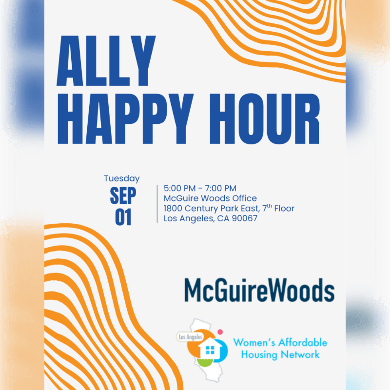 A blue and orange graphic advertises an "Ally Happy Hour" on Tuesday, September 1st, from 5:00 PM to 7:00 PM at the McGuireWoods Office in Los Angeles, with the background featuring abstract orange and white wavy lines.