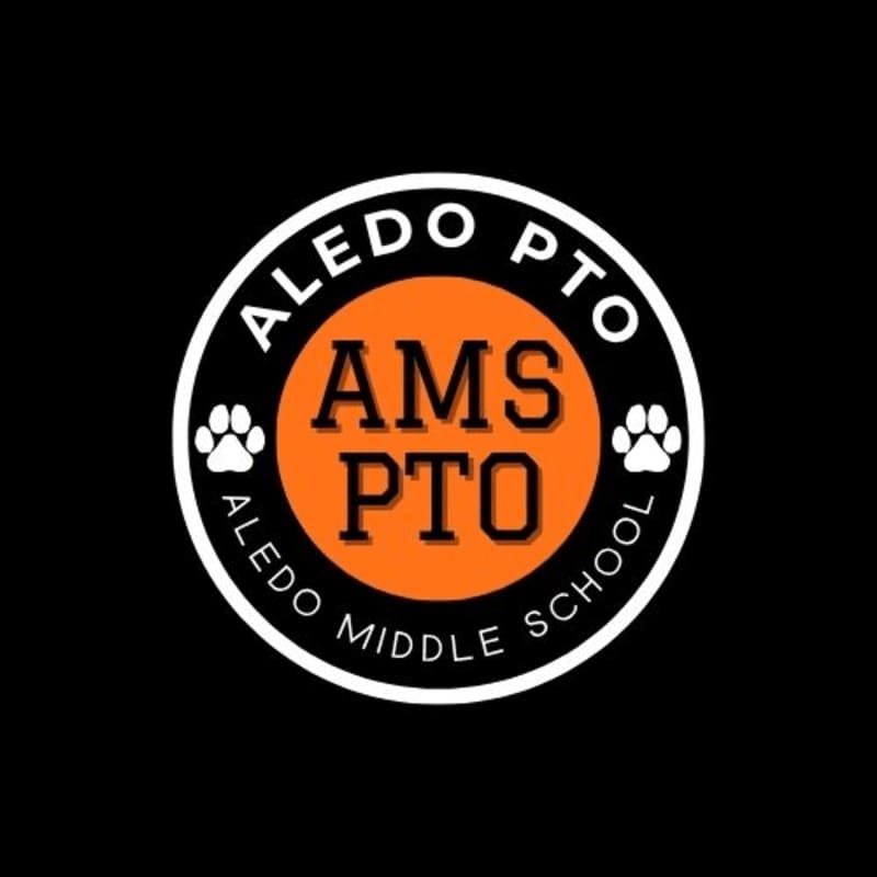 A black background surrounds a circular logo with "ALEDO PTO AMS PTO ALENDO MIDDLE SCHOOL" written around the edge and "AMS PTO" in large letters in the center, all within a white and orange design.