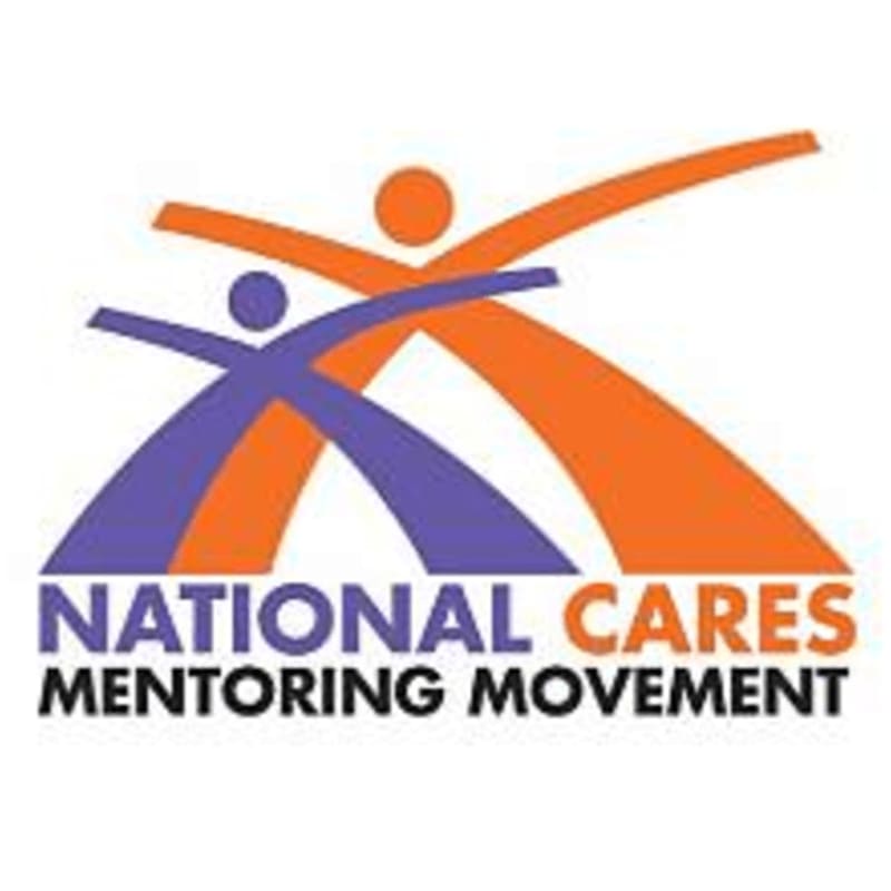 Two stylized figures, one purple and one orange, are depicted in motion against a white background, with the words "NATIONAL CARES MENTORING MOVEMENT" below them.