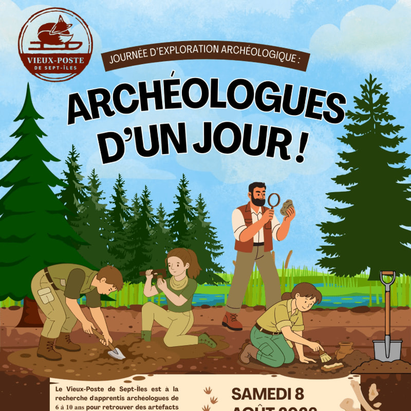 Four cartoon archaeologists, two digging in the foreground, examine artifacts in a forest clearing with a pond and trees in the background.