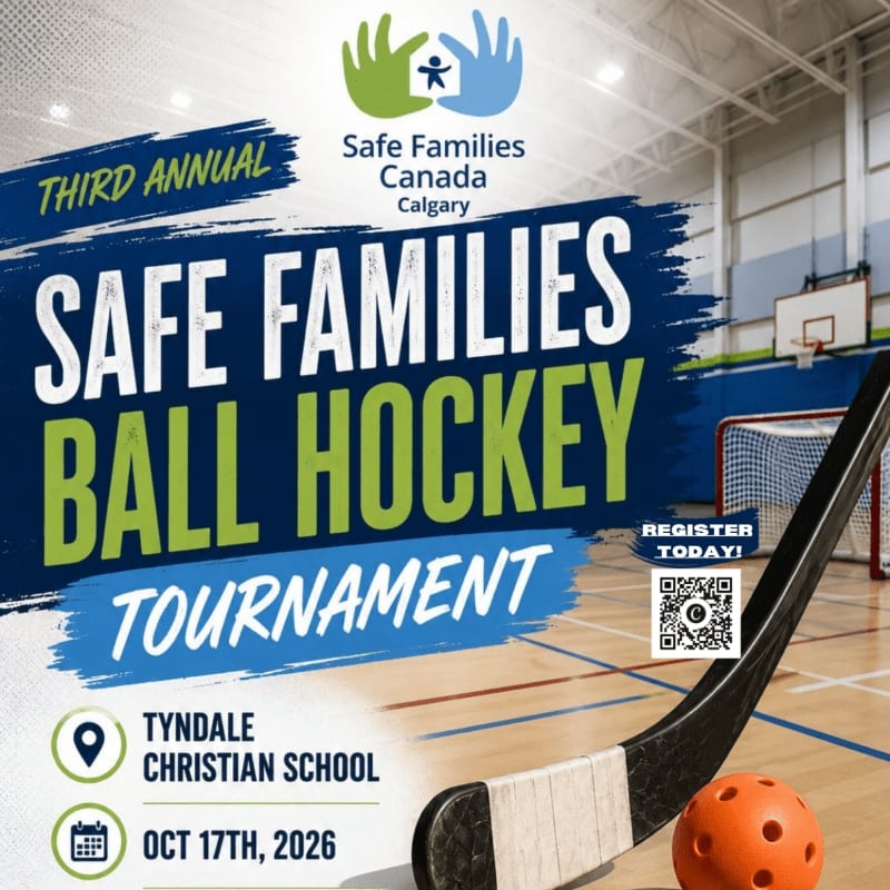 A ball hockey stick and orange ball are in the foreground, with a gym and tournament details in the background.