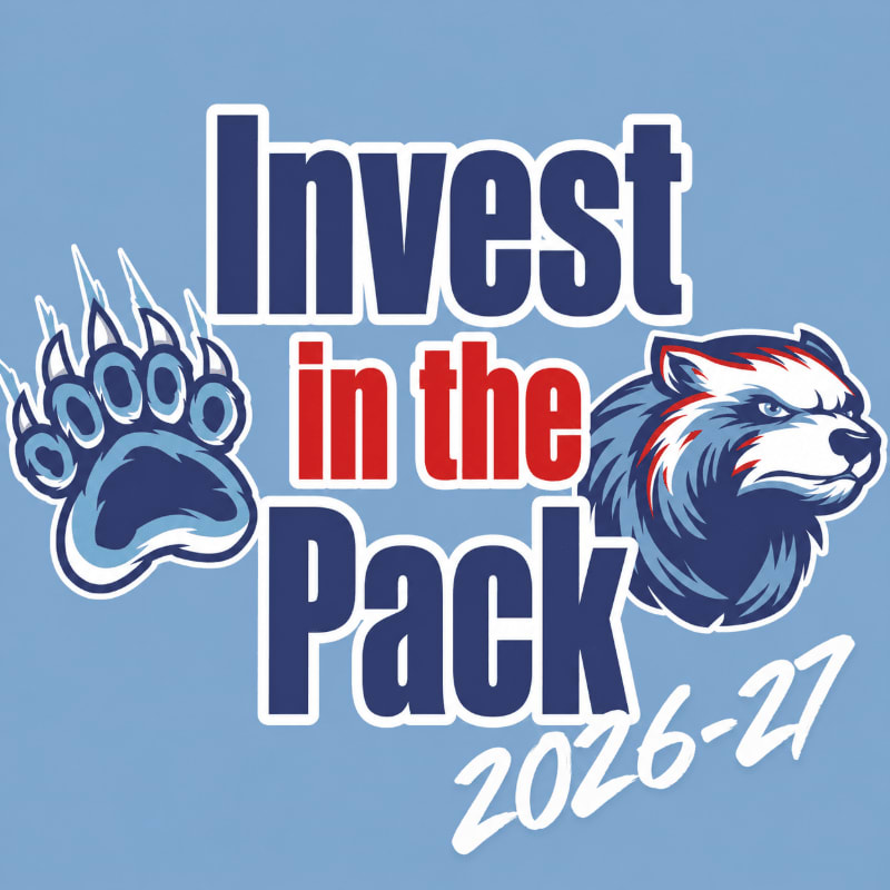 A blue paw print and a bear's head are in the foreground, with the words "Invest in the Pack" and "2026-27" in the background.
