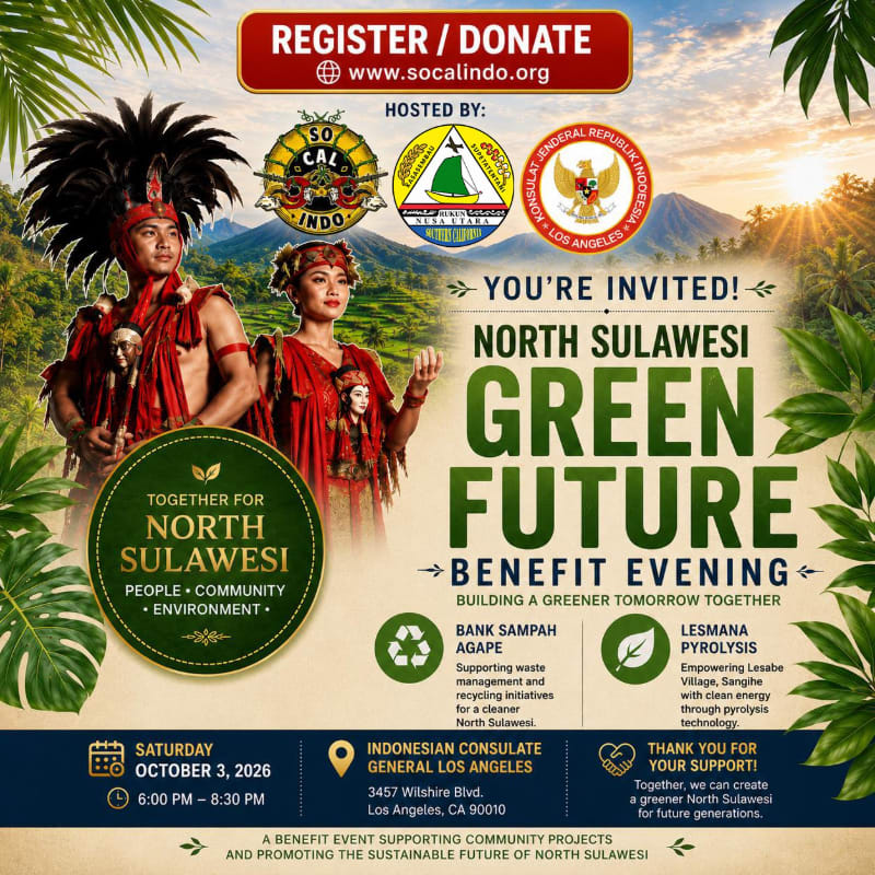 A vibrant poster for a "North Sulawesi Green Future Benefit Evening" features a couple in traditional attire in the foreground against a backdrop of lush green hills and a bright sun.