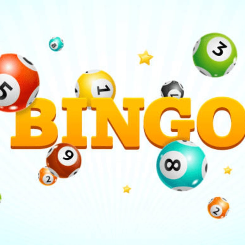 Colorful bingo balls float around the word "BINGO" against a light blue background with scattered stars.