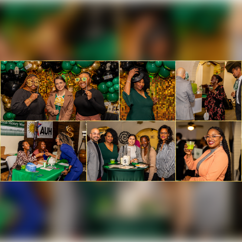 A collage of photos captures a lively event with people posing with props and enjoying drinks against a backdrop of balloons and gold shimmer curtains.