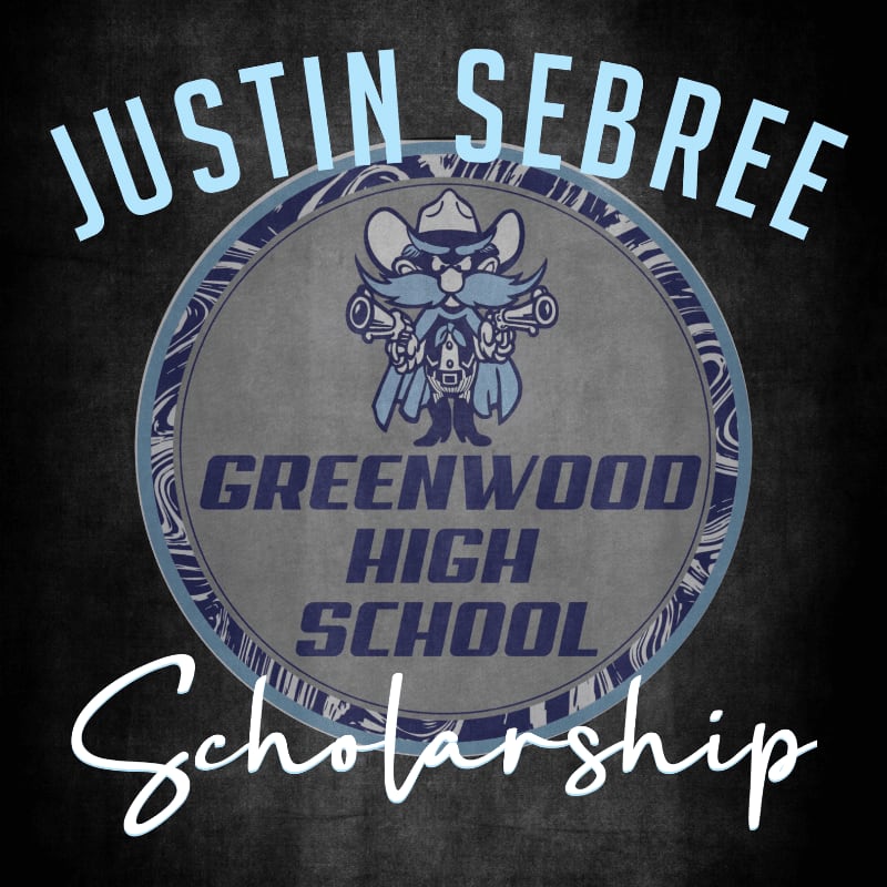 A cartoon cowboy with guns is centered on a circular emblem that reads "GREENWOOD HIGH SCHOOL" against a dark, textured background, with "JUSTIN SEBREE" arched above and "Scholarship" written below in script.