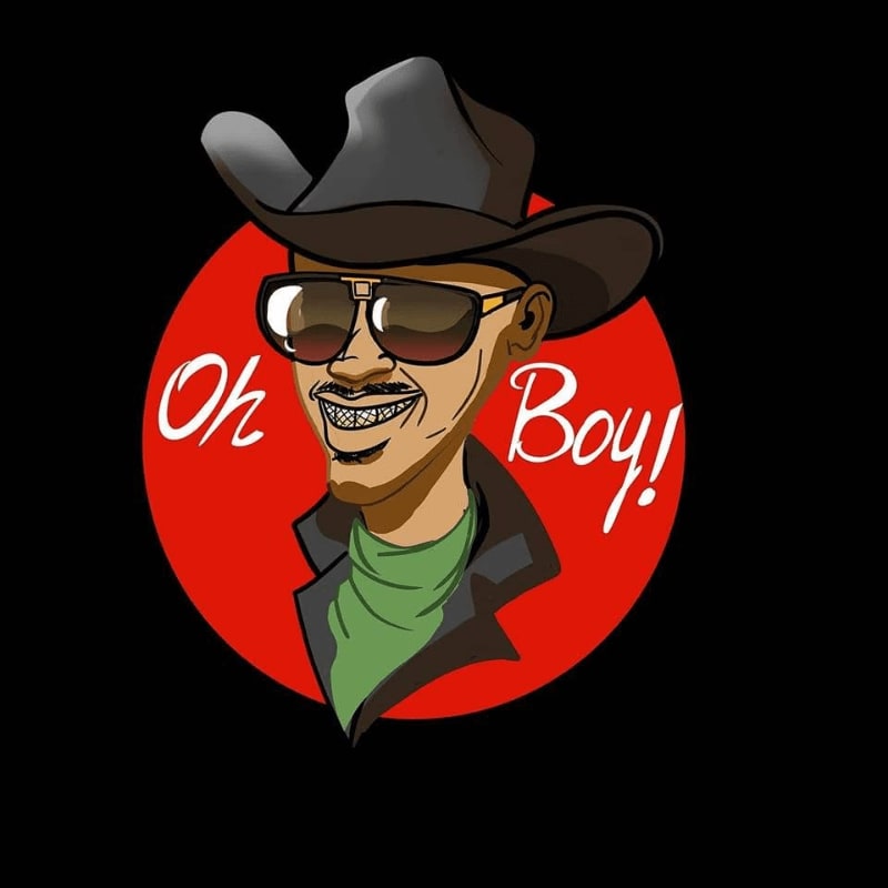 A cartoon man in a cowboy hat and sunglasses grins with grills, set against a red circle with "Oh Boy!" written on a black background.