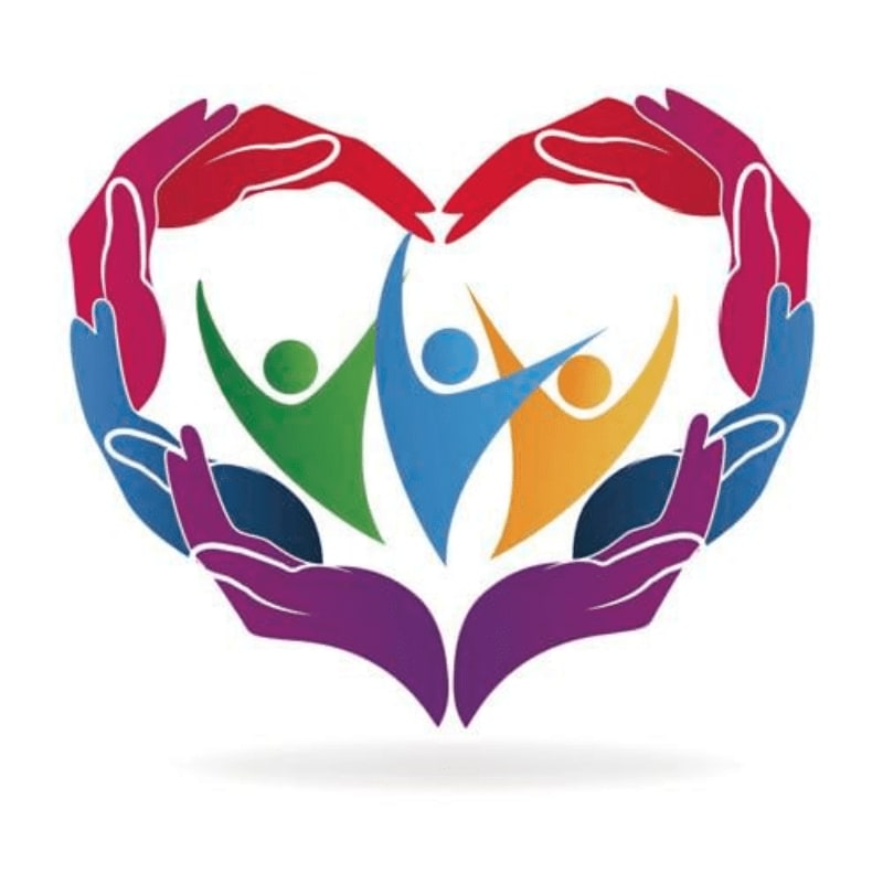 Colorful hands form a heart shape around three joyful figures in the foreground, set against a white background.