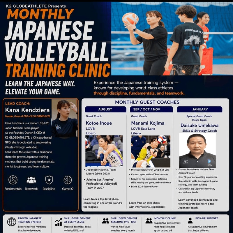 In the foreground, a flyer advertises a Japanese volleyball training clinic with information about coaches and the program, while the background shows a blurred image of people playing volleyball.