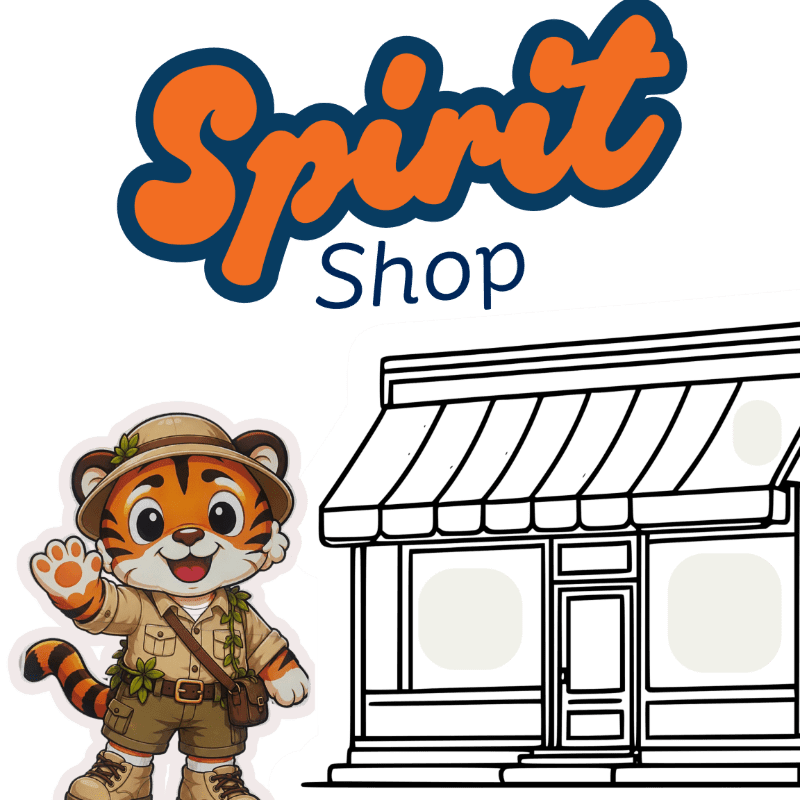 A cartoon tiger in safari gear waves in front of a simple storefront, with the words "Spirit Shop" in orange and blue lettering above.