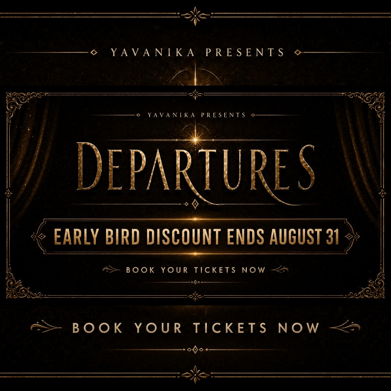Golden ornate text announcing "Departures" and an early bird discount for tickets is set against a dark, theatrical background with curtains.