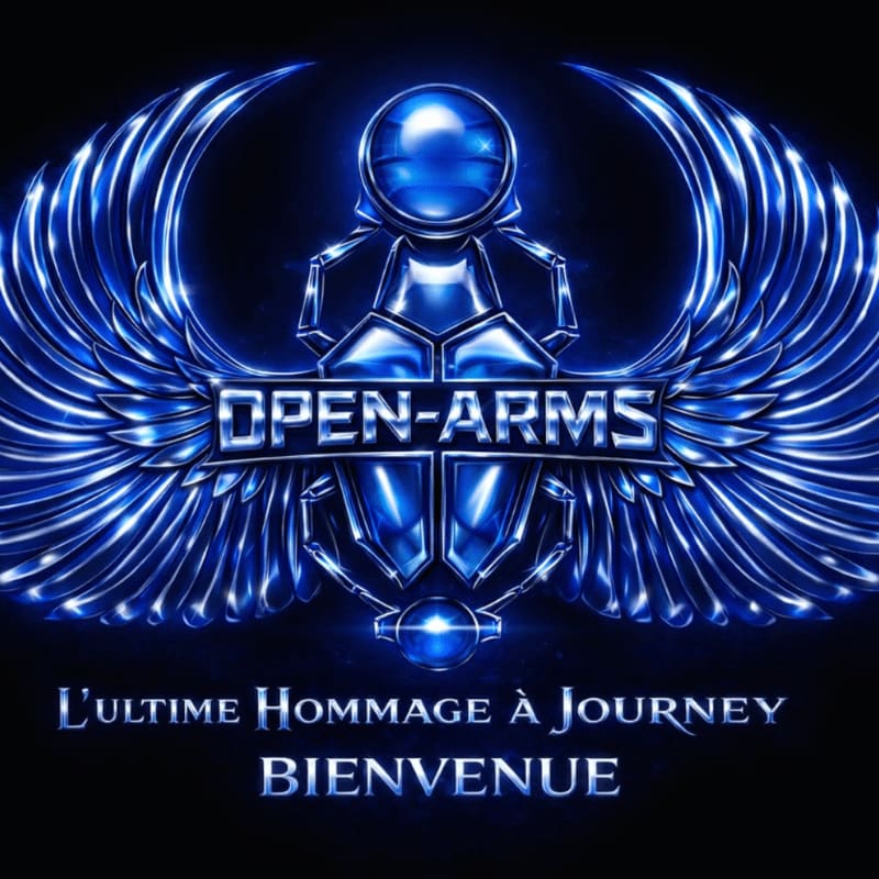 A metallic, winged Egyptian symbol with "OPEN-ARMS" emblazoned across it is set against a dark background with French text below.