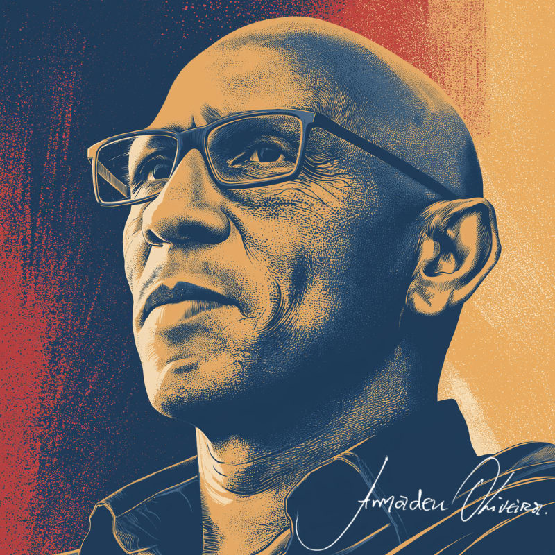 A close-up portrait of a bald man with glasses is set against a textured background of red and blue hues.