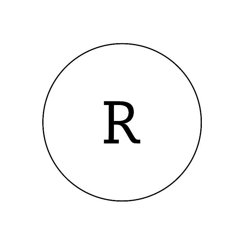 A black letter "R" is centered within a white circle on a plain white background.