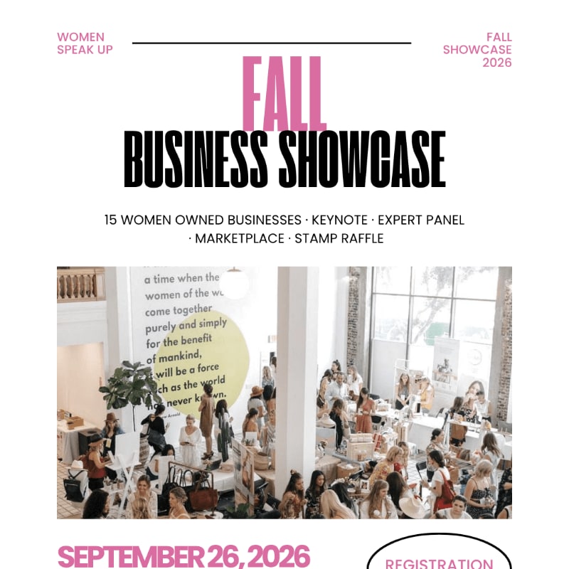 A lively indoor marketplace with many women browsing stalls is shown in the foreground, set against a backdrop of event details for a "Fall Business Showcase" in 2026.