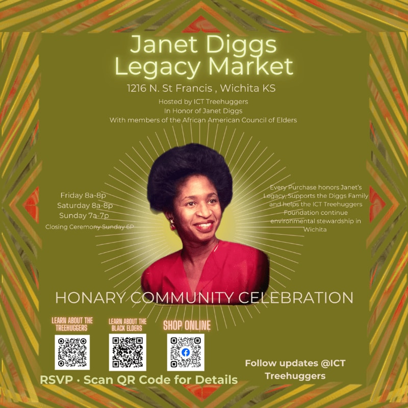 A portrait of Janet Diggs is featured in the foreground of a flyer for her Legacy Market, set against a green, patterned background with event details.
