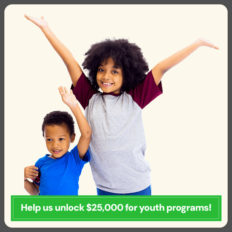 Two smiling children, one with arms raised in celebration and the other waving, stand against a plain, light background, with a green banner at the bottom urging viewers to "Help us unlock $25,000 for youth programs!".