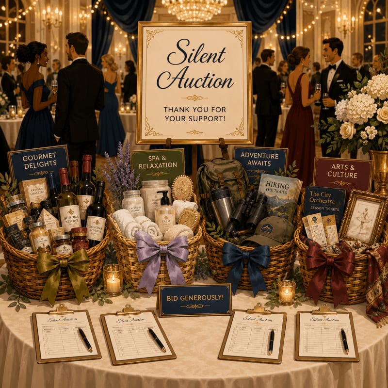 Baskets of gourmet delights, spa items, adventure gear, and art are displayed on a table with bid sheets in the foreground, while elegantly dressed people mingle in a grand ballroom in the background.