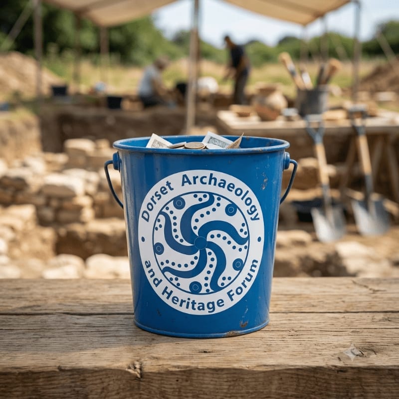 A blue bucket with a "Dorset Archaeology and Heritage Forum" logo sits on a wooden surface in front of an active archaeological dig site with people working in the background.