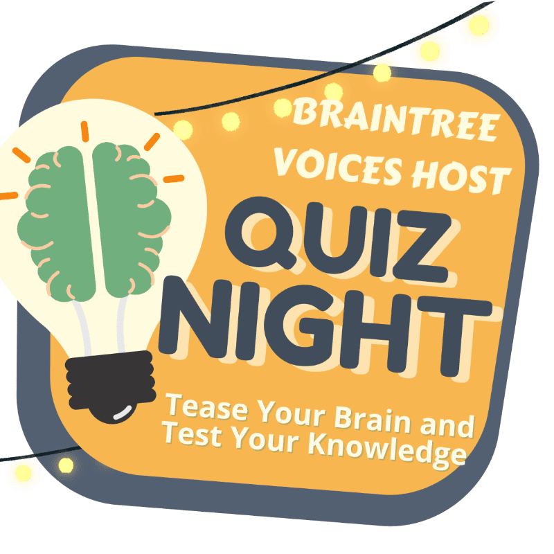 A glowing lightbulb with a brain inside illuminates the foreground, while string lights twinkle against an orange background promoting a "Quiz Night."