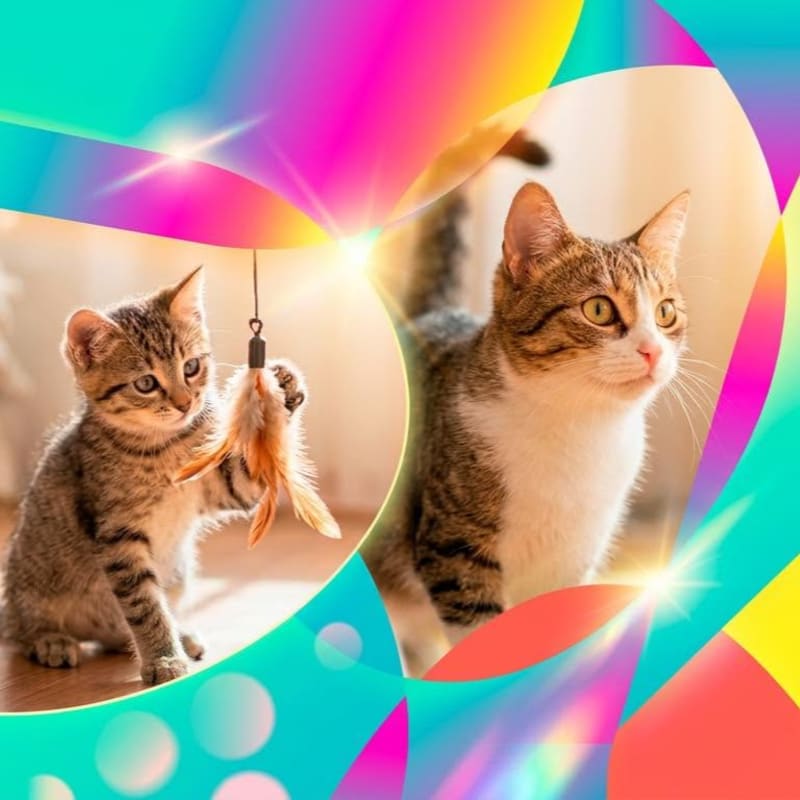 A playful kitten bats at a feather toy in the foreground, while a curious adult cat looks on in the background, all framed by a vibrant, abstract border.