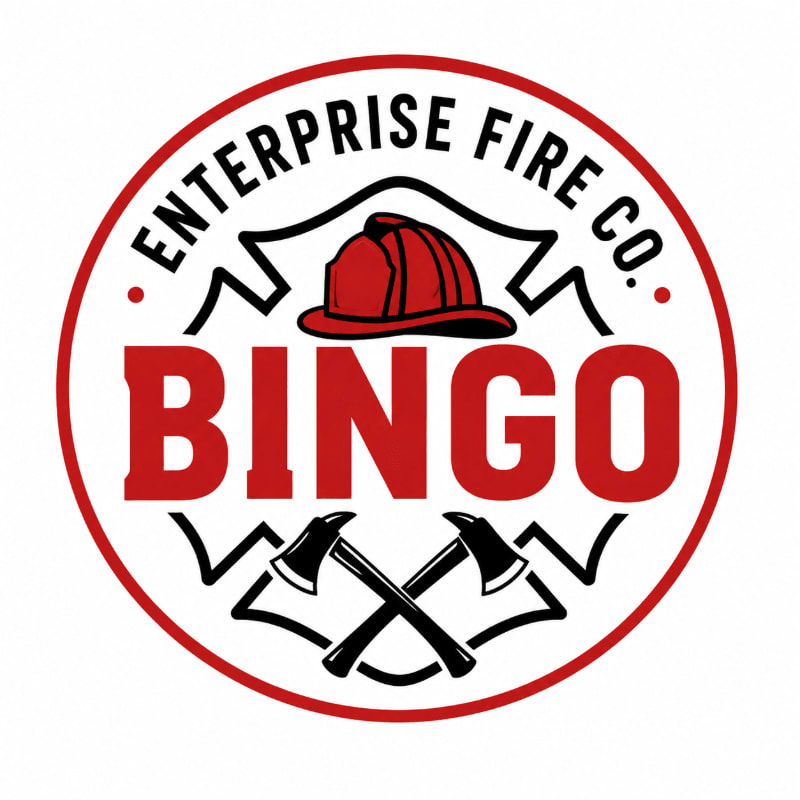 A red and white circular logo for Enterprise Fire Co. Bingo features a red firefighter's helmet and crossed axes in the foreground against a white background.