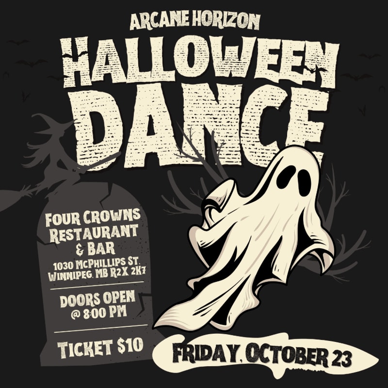 A spooky ghost floats in front of a tombstone and bare trees against a dark, bat-filled sky advertising the Arcane Horizon Halloween Dance.