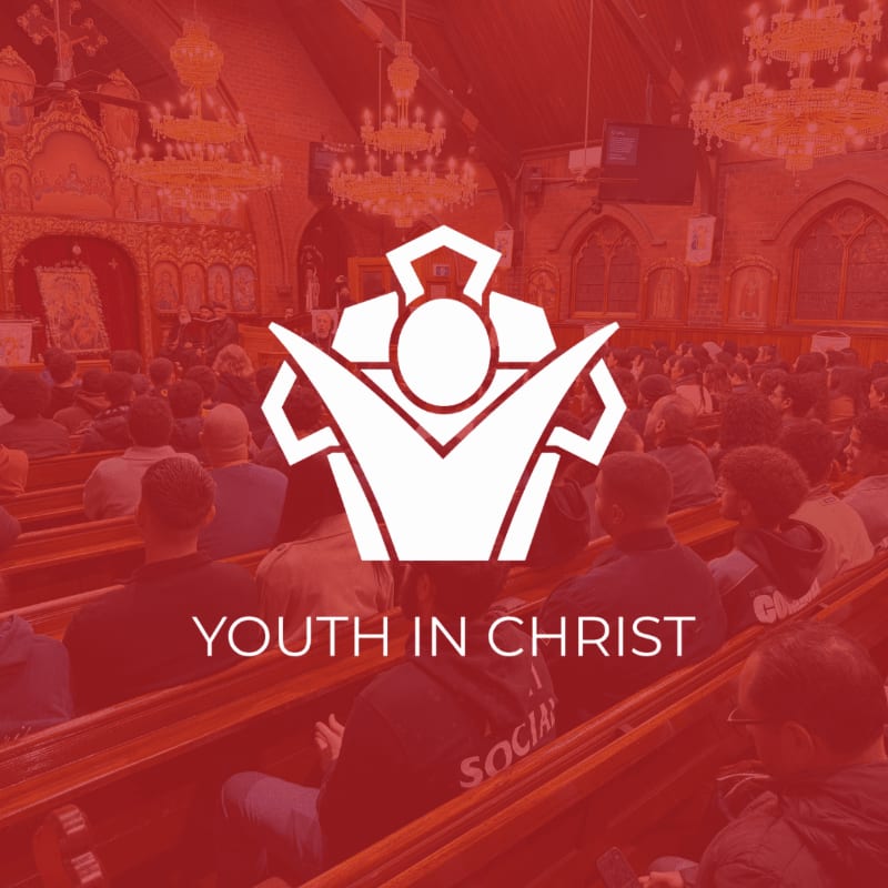 A white logo with the text "YOUTH IN CHRIST" is superimposed over a blurred image of a congregation seated in a church.