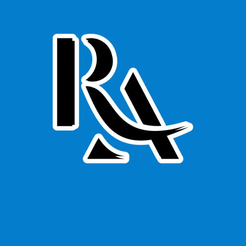 A stylized black and white logo with the letters "RA" is centered on a solid blue background.