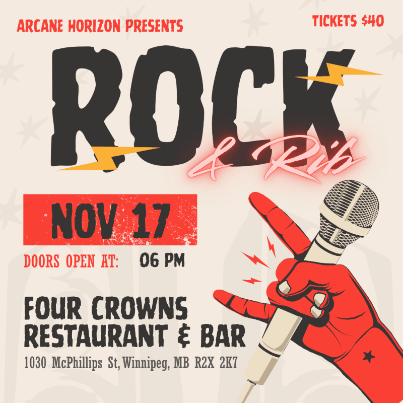 A red hand with a microphone and rock-on gesture is in the foreground, with a concert poster advertising "Rock & Ribs" on November 17th at Four Crowns Restaurant & Bar in the background.