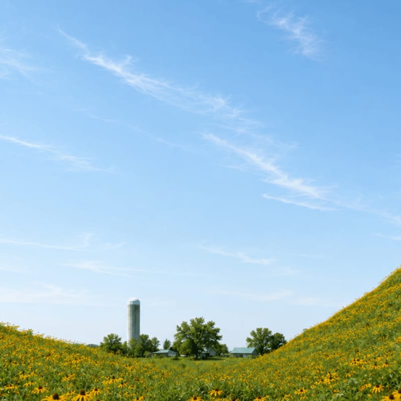 A rolling field of yellow wildflowers fills the foreground, leading to a distant farm with a silo under a vast blue sky with wispy clouds.