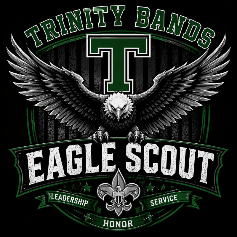 A powerful eagle with outstretched wings is centered in the foreground, with the words "EAGLE SCOUT" below it, all set against a dark background featuring the "TRINITY BANDS" logo and a distressed American flag motif.
