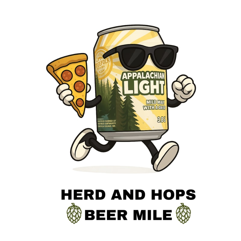 A cartoon can of Appalachian Light beer wearing sunglasses and running with a slice of pizza in its hand is depicted against a white background, with the text "HERD AND HOPS BEER MILE" and two hop illustrations below.