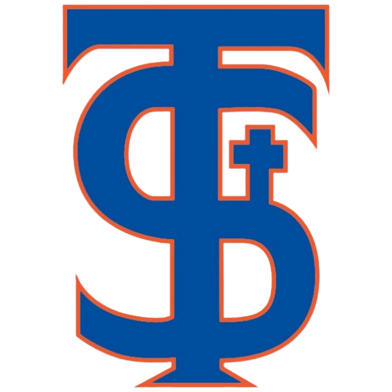 A blue and orange intertwined monogram of "TS" with a small cross inside the "S" is set against a plain white background.