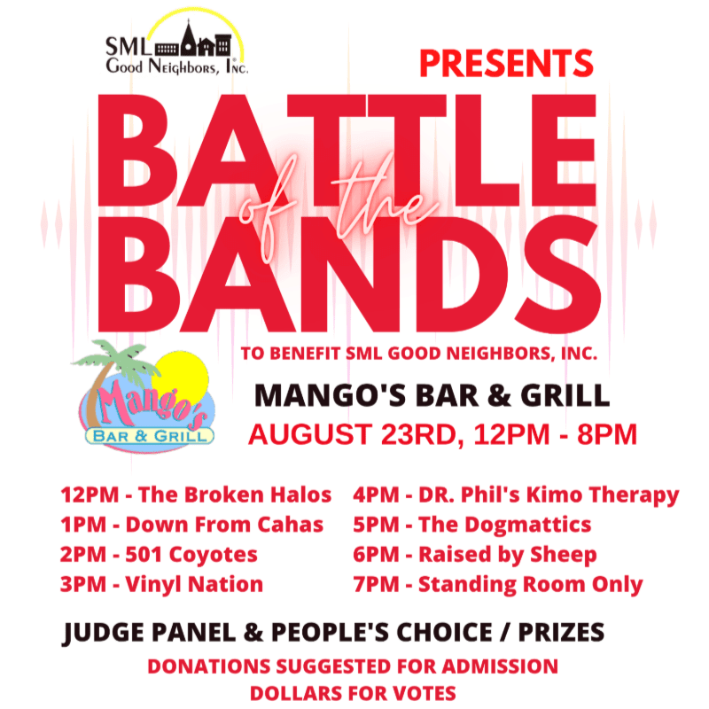 A flyer for a "Battle of the Bands" event at Mango's Bar & Grill on August 23rd, featuring a lineup of bands and information about judging and donations, is presented against a white background with subtle geometric patterns.