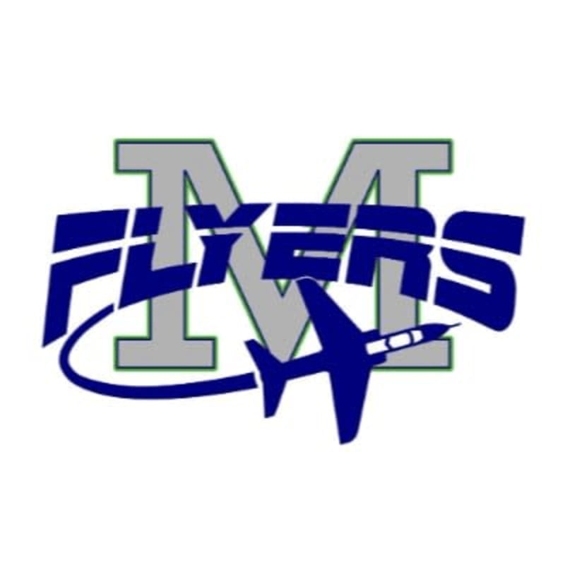 A blue airplane with a swoosh trails across a large gray "M" with "FLYERS" written in blue above it, all on a white background.